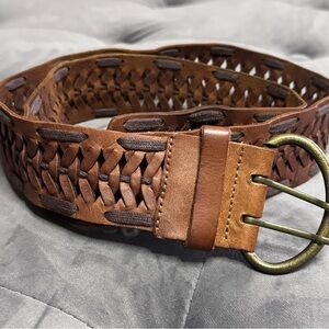 Brown Woven Leather Belt with Brass Buckle, Western, Casual, Unisex